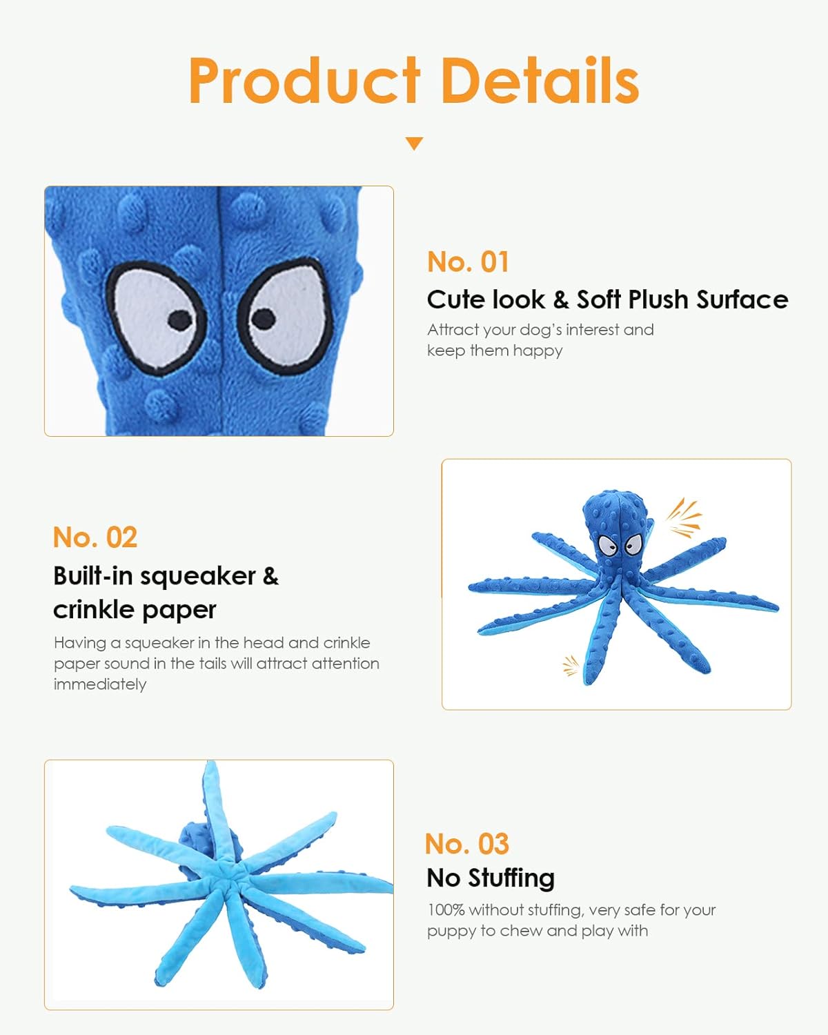4 Pack No Stuffing Octopus Squeaky Dog Toys