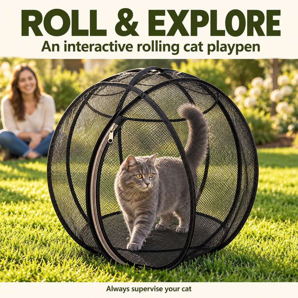 Rolling 360° Panoramic Cat Playpen, Cat Hamster Ball for Outside