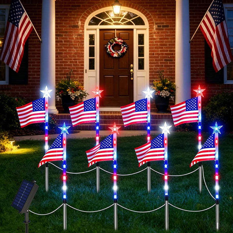 8 Pack American Flag Solar Lights Outdoor, 4th of July Decorations with 2 Modes, Waterproof Solar Flag Patriotic Lights for Yard, Garden, Pathway, Independence Day, Memorial Day