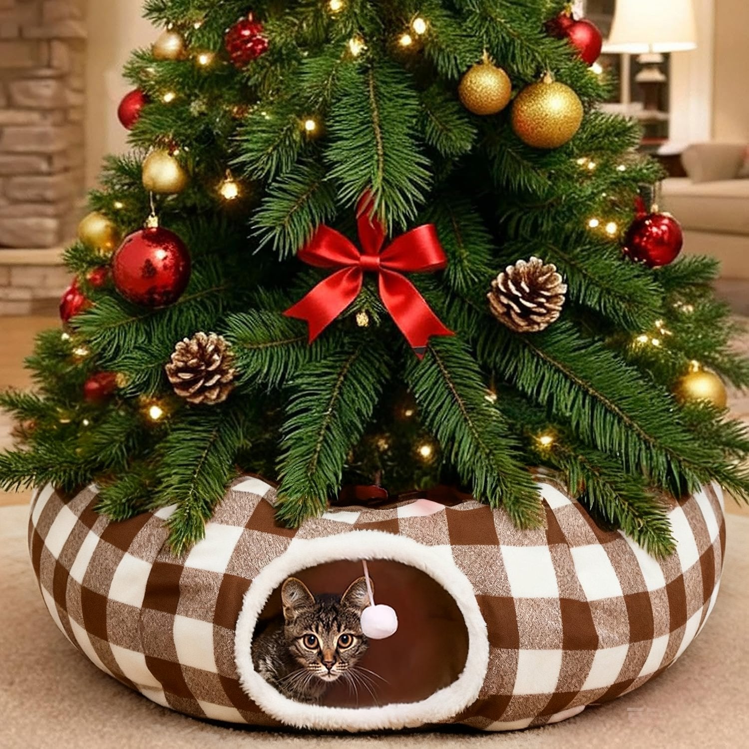 Cat Tunnel Christmas Tree Skirt - Cat Nest and Christmas Decoration 2-in-1