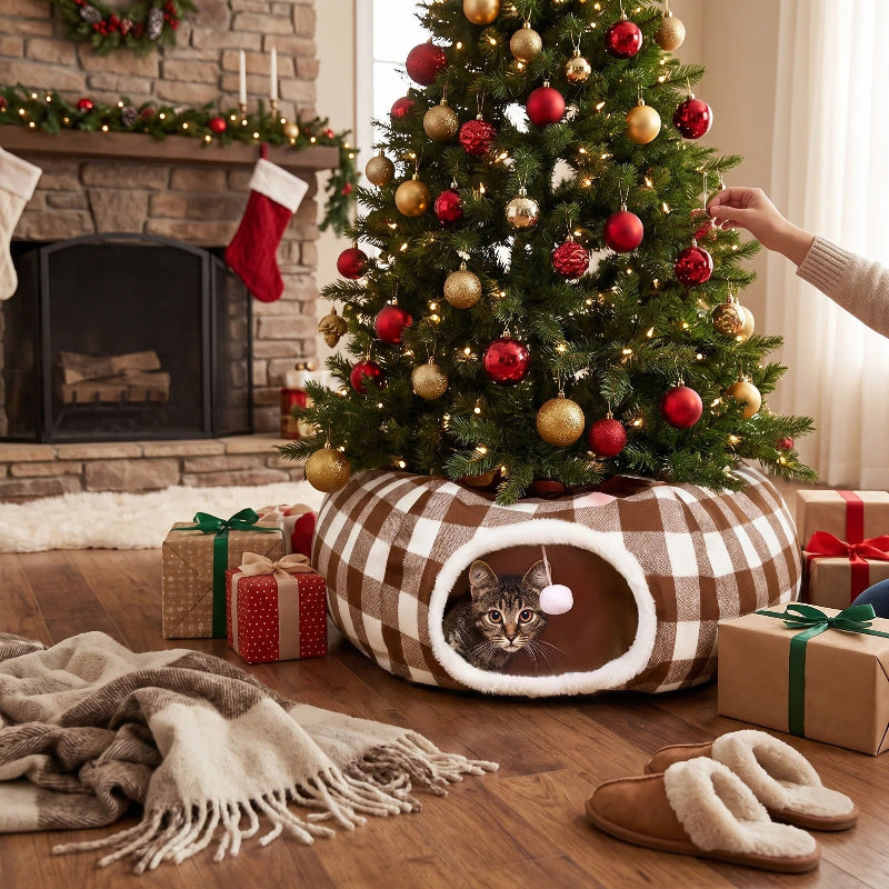 A cat sits inside a brown and beige buffalo plaid pet bed with a white faux-fur trim, positioned under a decorated Christmas tree in a cozy living room with a fireplace, wrapped gifts, and slippers.