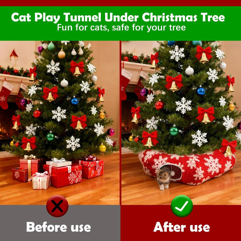 A side-by-side comparison showing a decorated Christmas tree with gifts underneath on the left ('Before use') and the same tree with a cat comfortably lying in a red-and-white patterned tunnel under the tree on the right ('After use'). Text at the top reads 'Cat Play Tunnel Under Christmas Tree' and includes benefit copy, with before/after labels and check/mark icons.