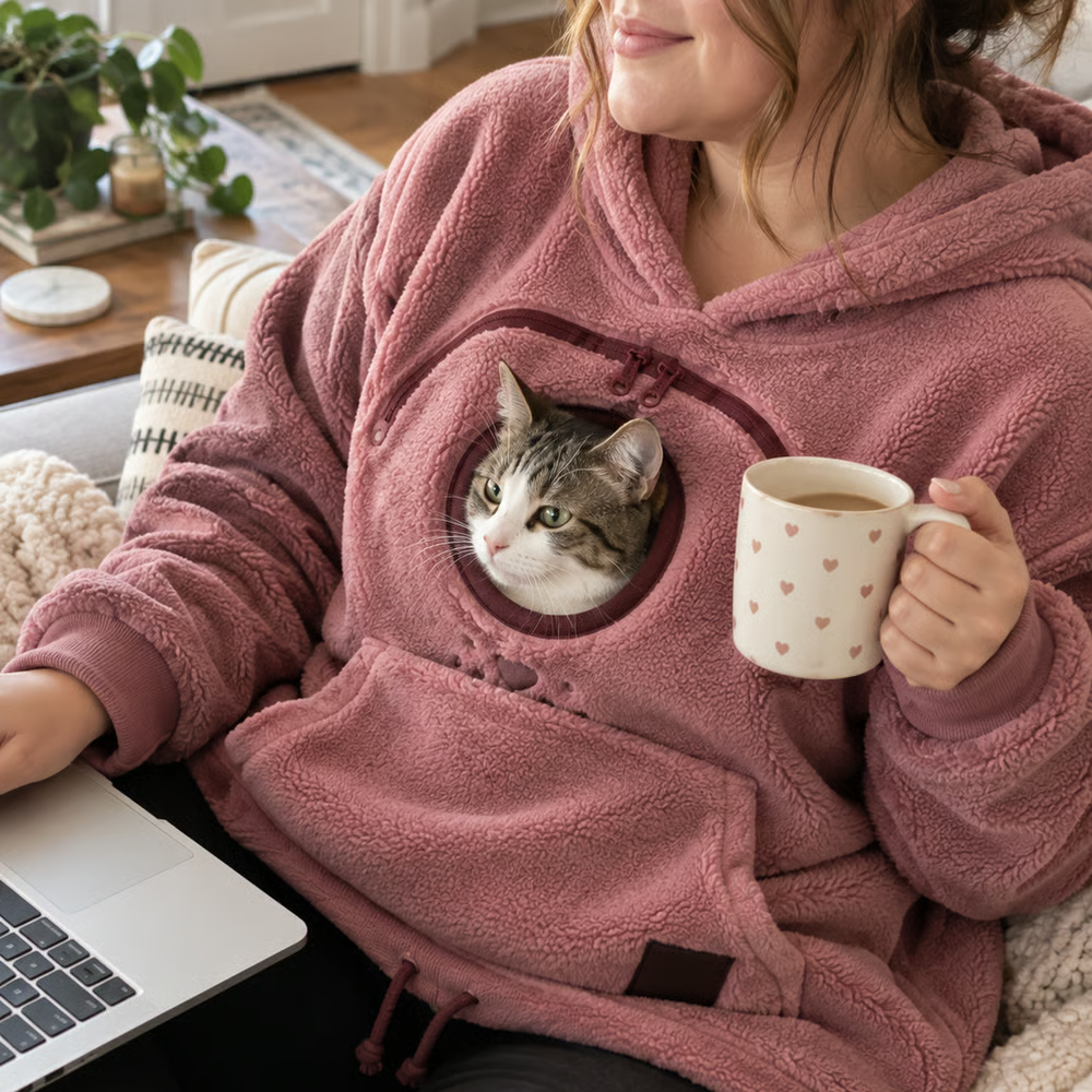 A woman wearing a dusty rose fleece hoodie with a built-in cat pocket, with a tabby cat peeking out. She is holding a white mug with pink hearts and sitting on a cozy knit blanket next to a laptop.