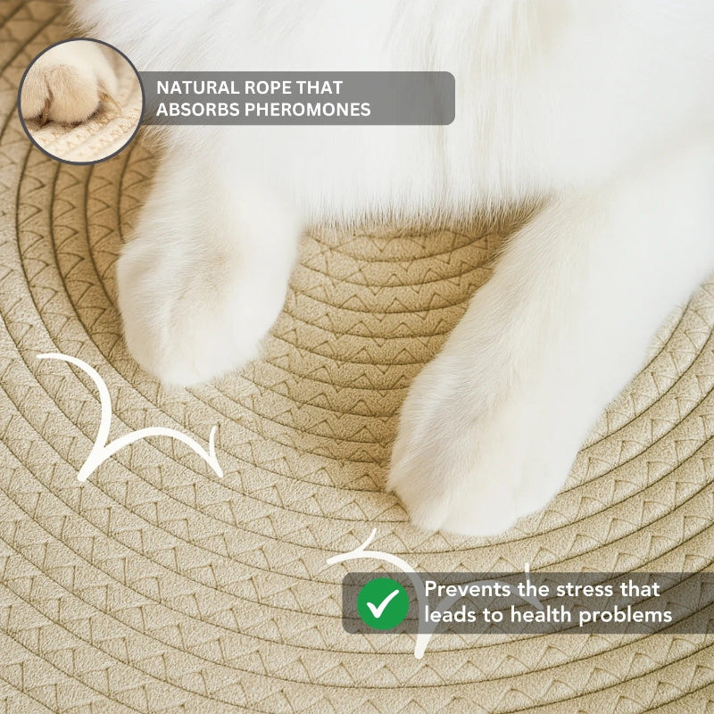 Cat walking on a natural rope mat with text aboutpheromone absorption and health benefits.