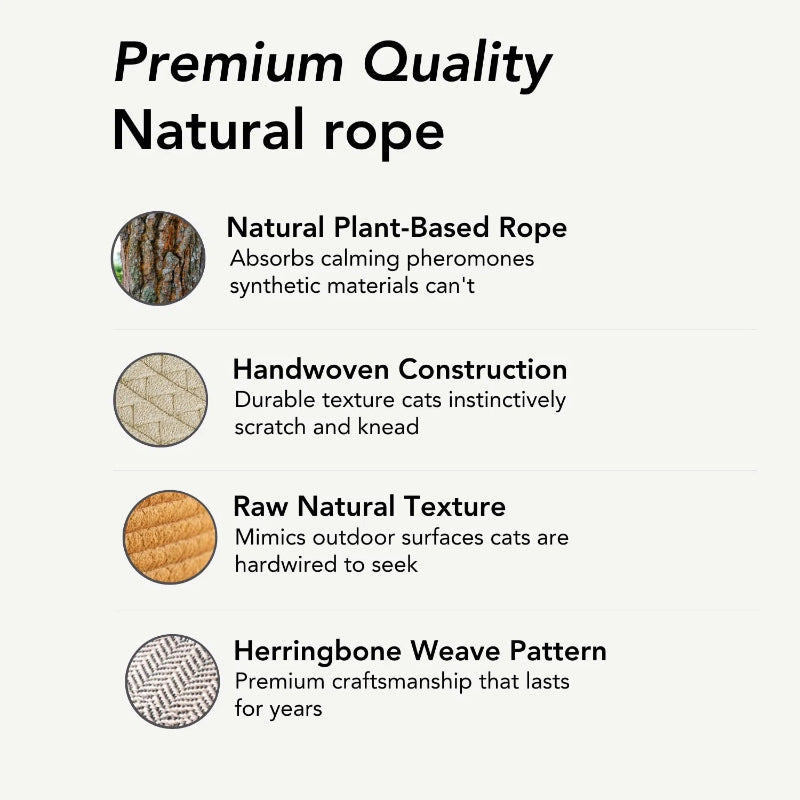 Promotional graphic for premium natural rope, featuring four benefit callouts with circular texture/finish thumbnails and text about plant-based material, handwoven construction, raw natural texture, and herringbone weave pattern.