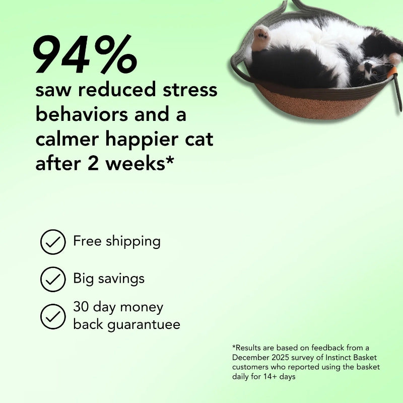 Advertisement for a pet product showing a cat in a basket with text about stress reduction and product features.