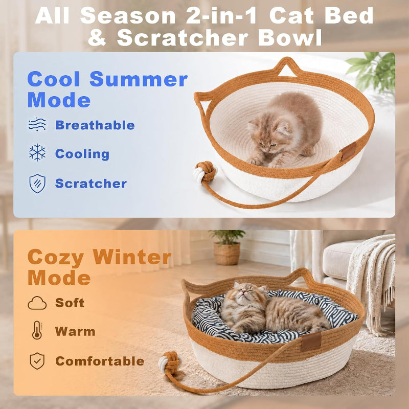 A 2-in-1 cat bed and scratcher bowl shown in a promotional infographic with two modes: Cool Summer Mode with a kitten sitting inside, and Cozy Winter Mode with a cat lying down inside. The product is a round woven basket bed with a tan rope handle and trim, shown in both light beige and blue interior options.
