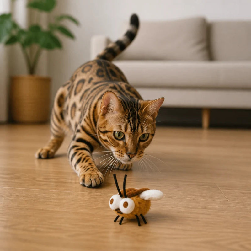 A Bengal cat with brown and black spotted fur is crouching on a light wood floor in a living room, looking intently at a small toy bee.