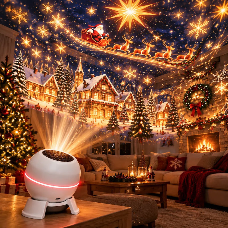 A white spherical Christmas light projector on a wooden table projects a festive scene into a cozy living room. The projection shows Santa in a sleigh with reindeer, glowing stars, snow-covered houses, Christmas trees, a fireplace, and a wreath.