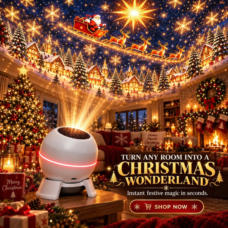 A festive Christmas-themed room scene with a white spherical projector on a table casting starlight across the room. The scene is heavily decorated with Christmas trees, stockings, a fireplace, Santa in a sleigh overhead, and promotional text reading 'TURN ANY ROOM INTO A CHRISTMAS WONDERLAND' with a 'SHOP NOW' button.
