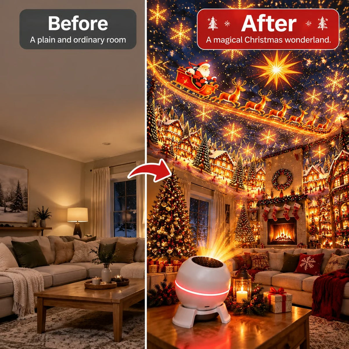 Before-and-after split comparison of a living room with Christmas star projection lights. The left 'Before' panel shows a plain room with a sofa, coffee table, and window.