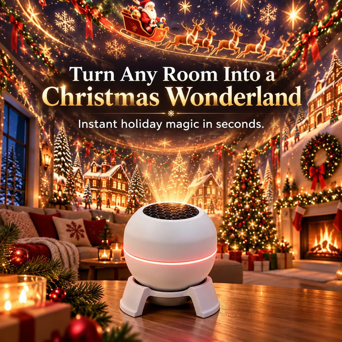 A white spherical Christmas light projector on a small stand sits on a wooden table in a cozy decorated living room. The room is filled with warm holiday lights, Christmas trees, stockings, a fireplace, and a festive wall mural showing Santa and reindeer.