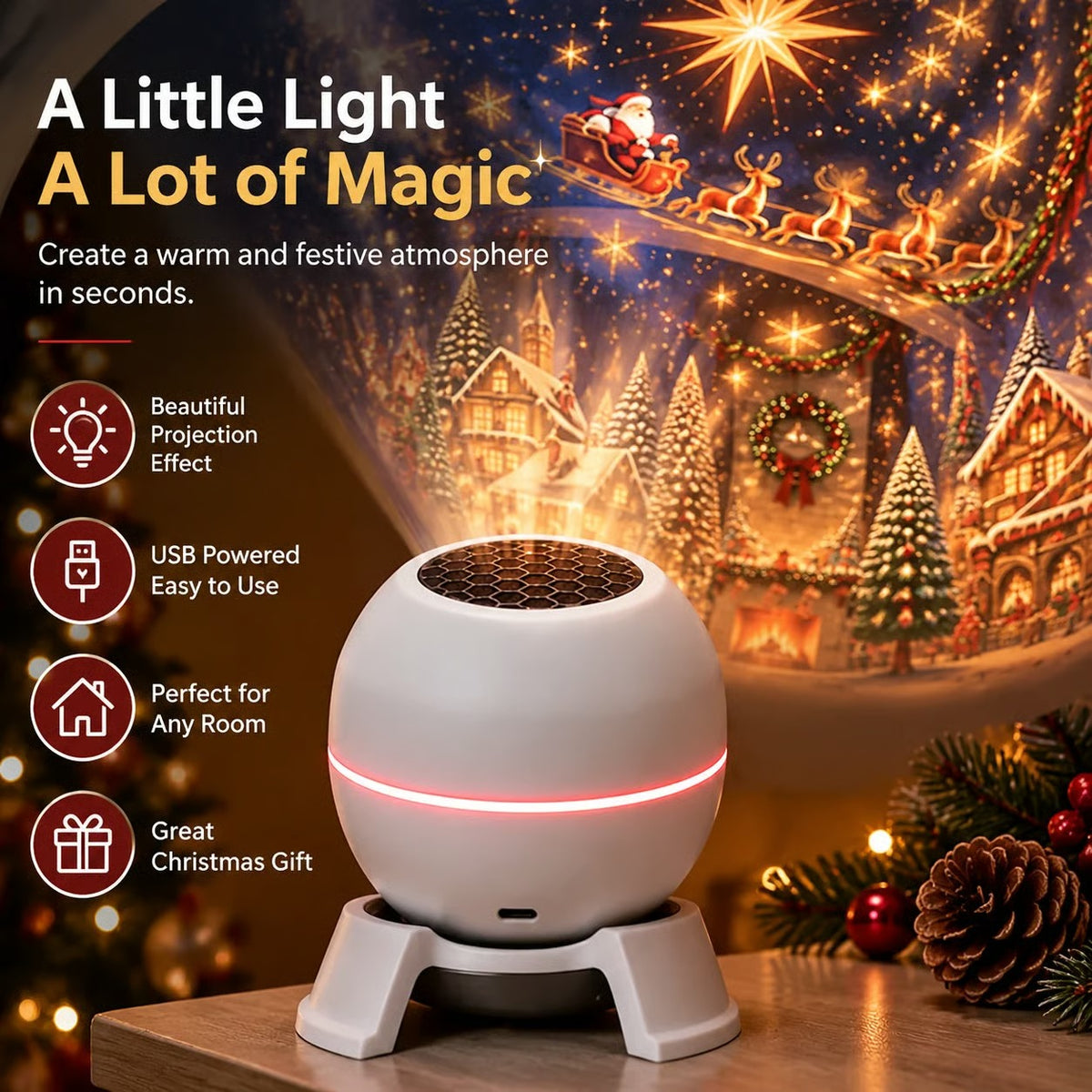 A small white spherical projector lamp on a stand, shown with festive Christmas holiday background and text overlays highlighting its features: beautiful projection effect, USB powered, easy to use, and perfect for any room.