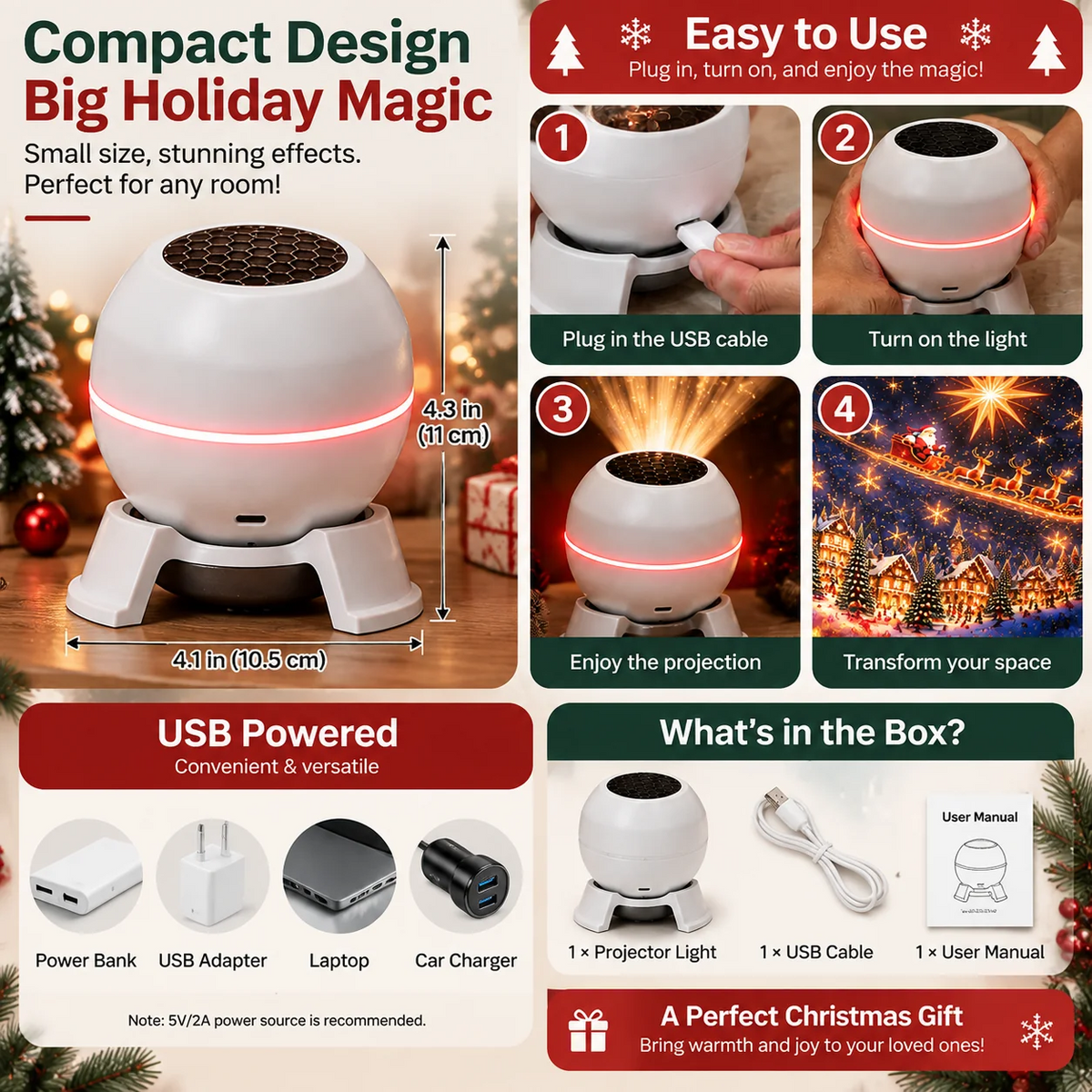 A promotional infographic for a compact LED holiday light projector. The left side shows the white spherical projector on its base with dimensions (4.