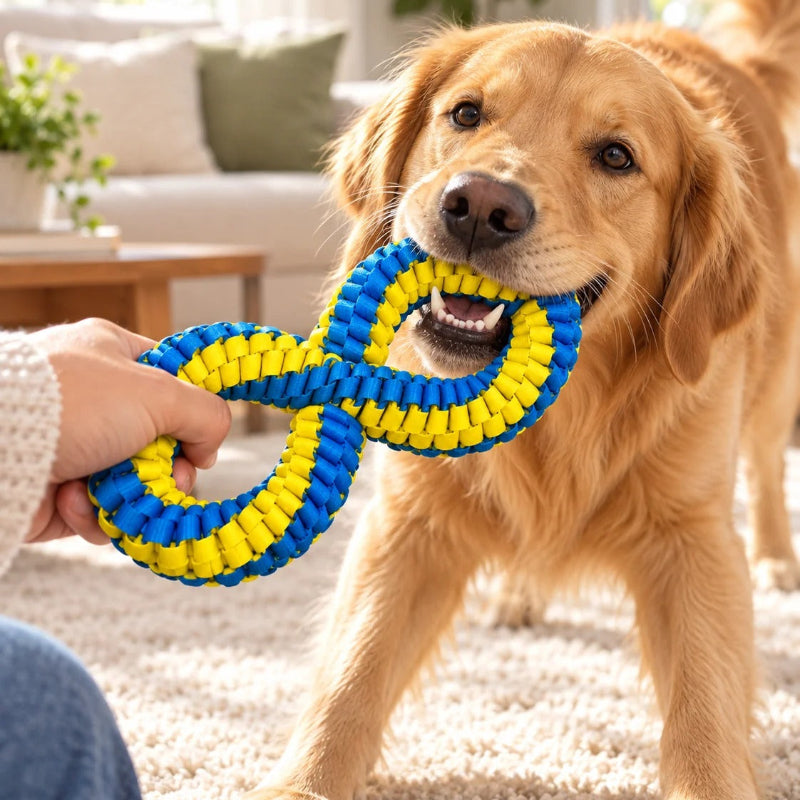 A handwoven dental tug toy that adds a simple mechanical cleaning action to play, helping loosen and lift everyday food debris from visible tooth surfaces.