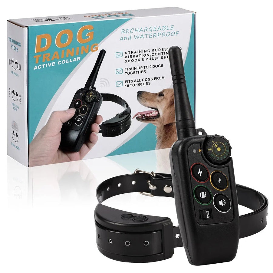 A black dog training collar set with a remote control and matching collar, shown in front of its retail box. The box features the text 'DOG TRAINING ACTIVE COLLAR' and includes an image of a dog and a hand holding the remote.
