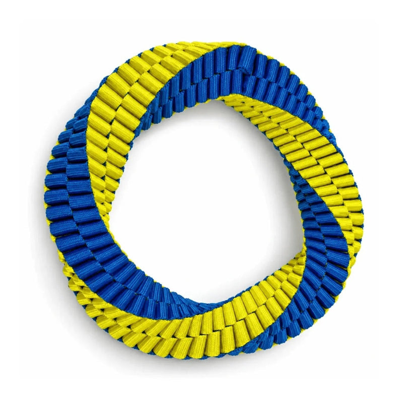 A twisted, ring-shaped woven accessory made of alternating bright blue and yellow ribbed segments, photographed on a clean white background.