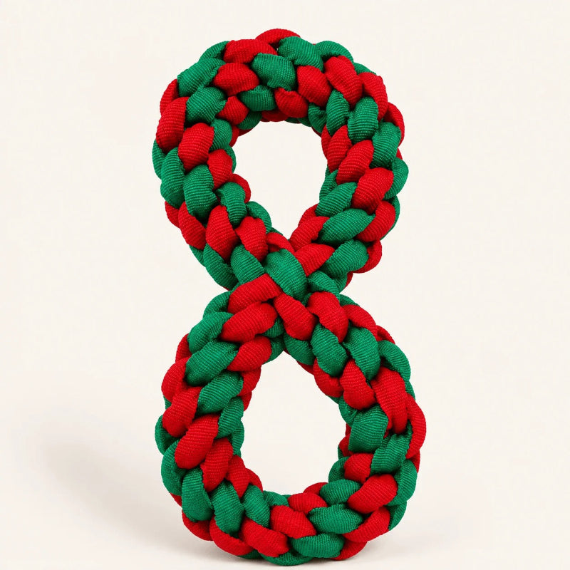 A braided rope dog toy shaped like the number 8, featuring an interwoven pattern of red and green rope, photographed on a clean off-white background.