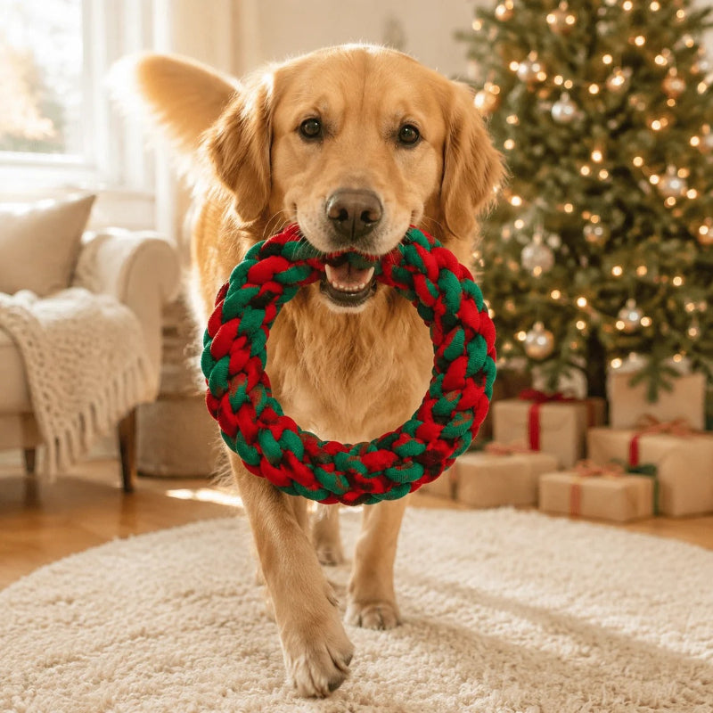 A golden retriever dog walks forward on a cream rug in a cozy living room, holding a red and green braided rope Christmas wreath in its mouth. A decorated Christmas tree with lights and wrapped gifts is visible in the background.