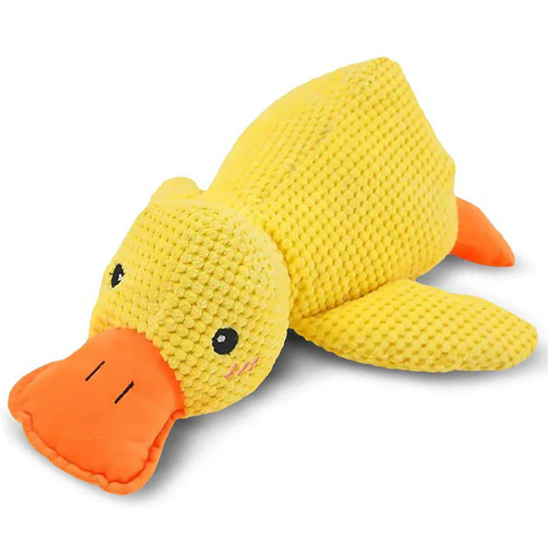 Yellow duck plush toy with an orange beak on a white background