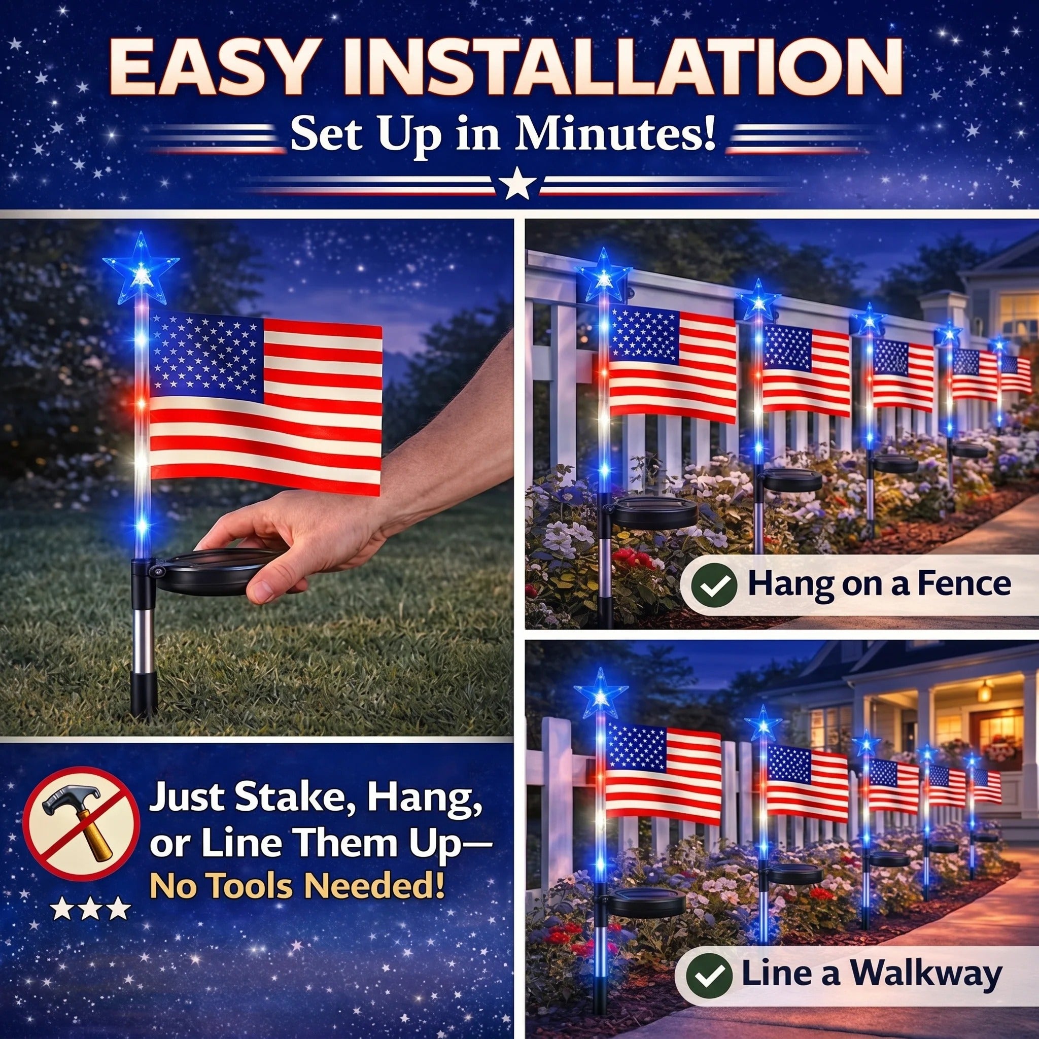 16 Pack American Flag Solar Lights Outdoor