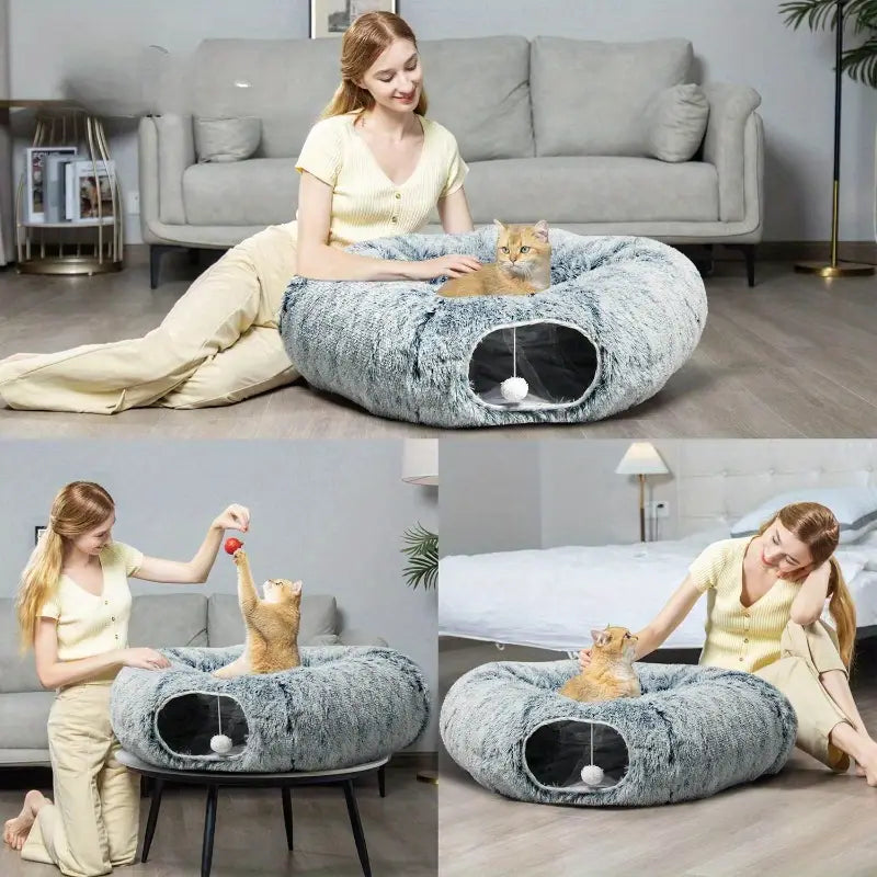 Donut Tunnel Bed Foldable Cat Plush Toy for Indoor Cats