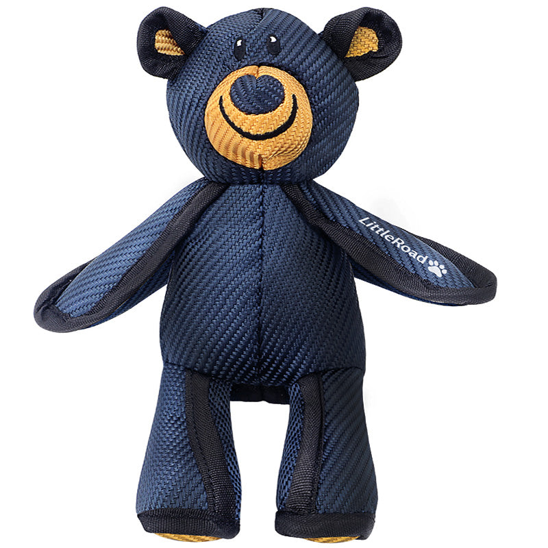 A small plush bear toy made from dark navy blue textured mesh fabric, featuring a tan embroidered snout, inner ears, and paw pads, with black trim. The brand name 'LittleRoad' is visible on the left ear.
