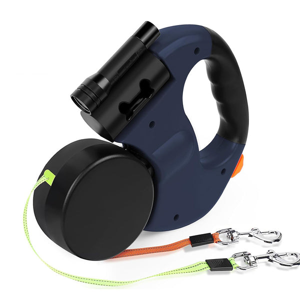 Dual Retractable Dog Leash with Flashlight & Waste Bag Holder