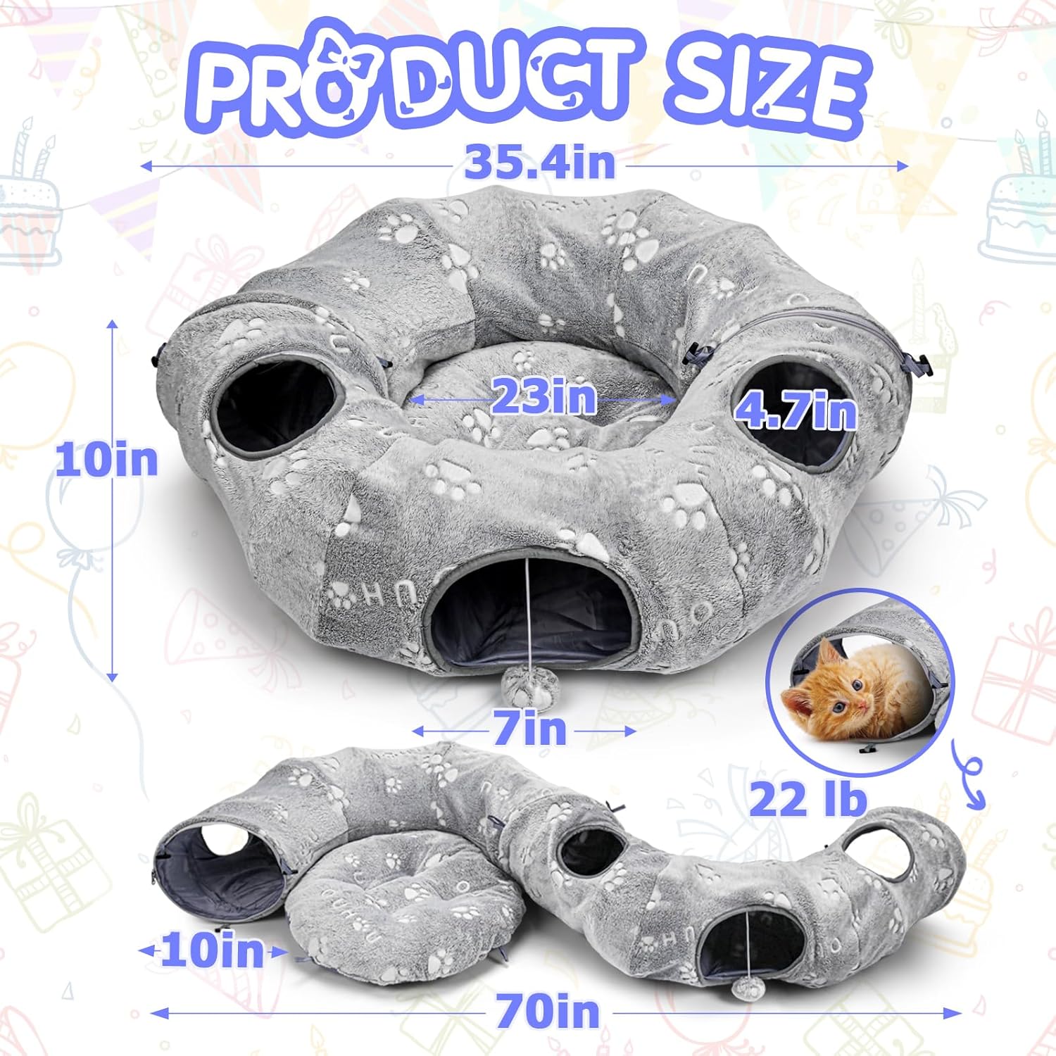 Donut Tunnel Bed Foldable Cat Plush Toy for Indoor Cats