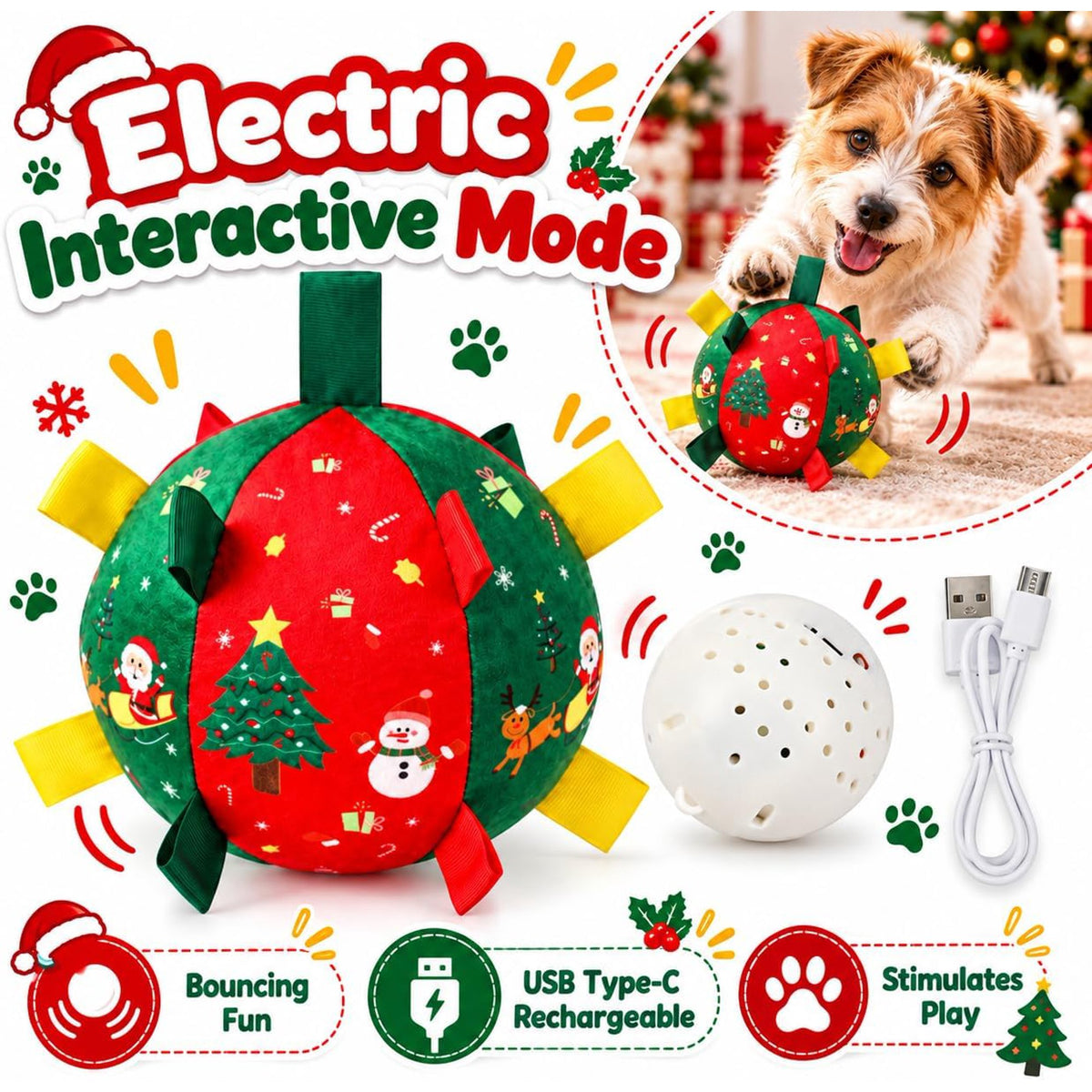 Christmas Dog Ball – Smart Rechargeable Automatic Motion Ball, Perfect Holiday Birthday Gift for Dogs