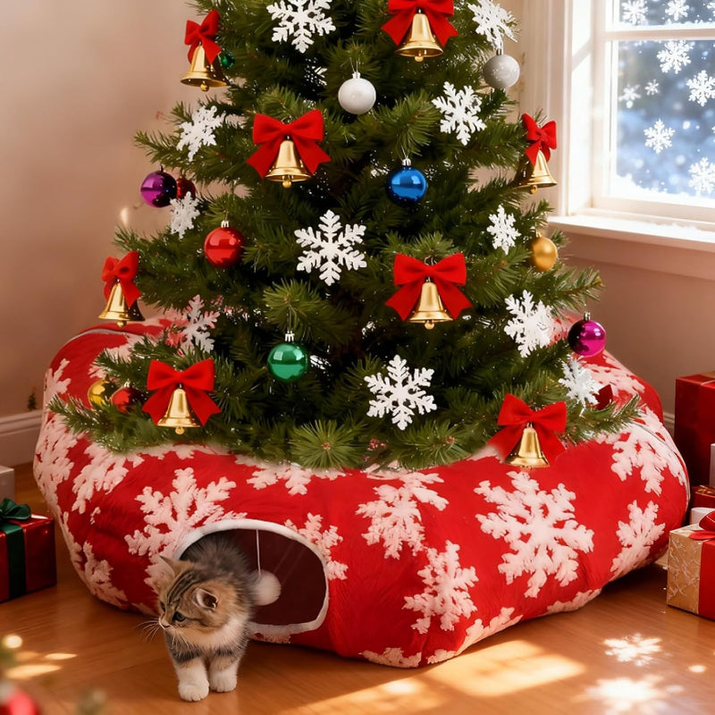 Bring joy to your home with this cat tunnel Christmas tree skirt, a delightful blend of festive décor and playful cat entertainment. Its tree skirt tunnel design lets cats play, hide, and nap under your Christmas tree while keeping the holiday spirit alive.