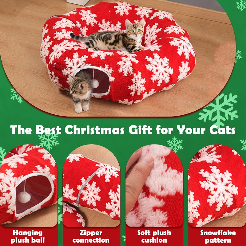 Red and white snowflake-patterned cat bed with two kittens playing inside, shown on a wooden surface with promotional text and four detail inset images below.
