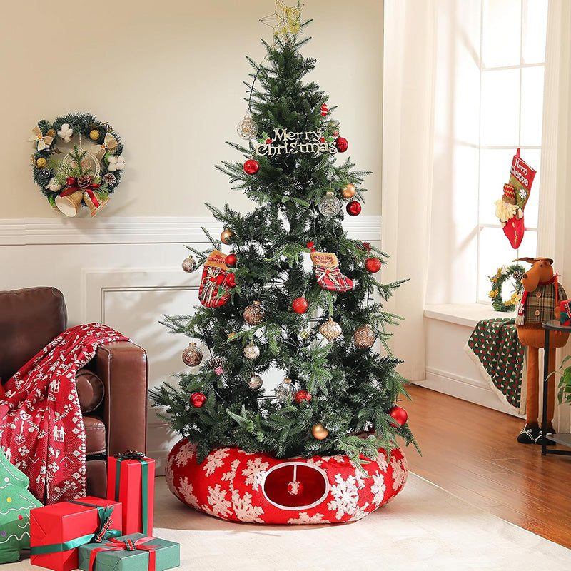 Christmas tree patterns woven into ultra-soft, skin-friendly fabric for purr-fect comfort under tree.