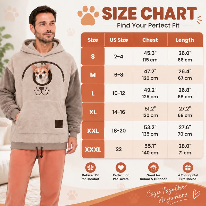 A size chart graphic for a pet hoodie, featuring a man modeling a light gray hoodie with a dog graphic on the front, alongside a detailed size table from S to XXXL with chest and length measurements. The chart includes orange and beige color blocks and icons highlighting product benefits.