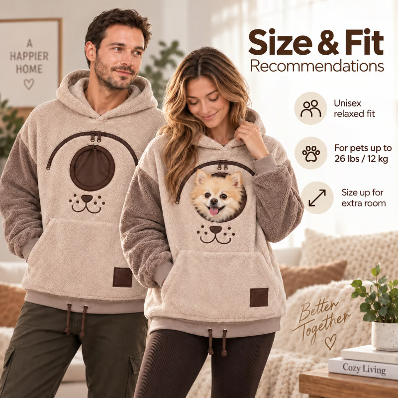 A man and a woman modeling matching sherpa hoodies with dog face graphics, shown in a cozy living room setting with text overlays about size and fit recommendations.