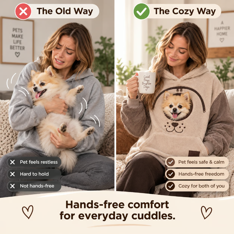 A side-by-side comparison graphic showing a woman in a cozy beige hoodie with a dog face graphic and a dog on her lap, labeled 'The Old Way' and 'The Cozy Way,' with text highlighting pet comfort and hands-free use.