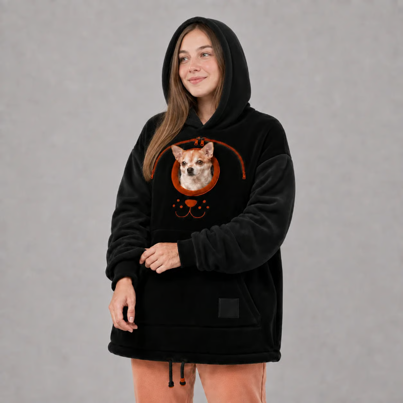 A woman wearing a black fleece hoodie with a graphic of a corgi dog inside an orange circular frame on the chest, posed against a neutral gray background.