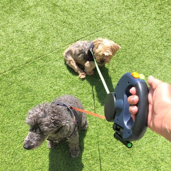 Dual Retractable Dog Leash with Flashlight & Waste Bag Holder