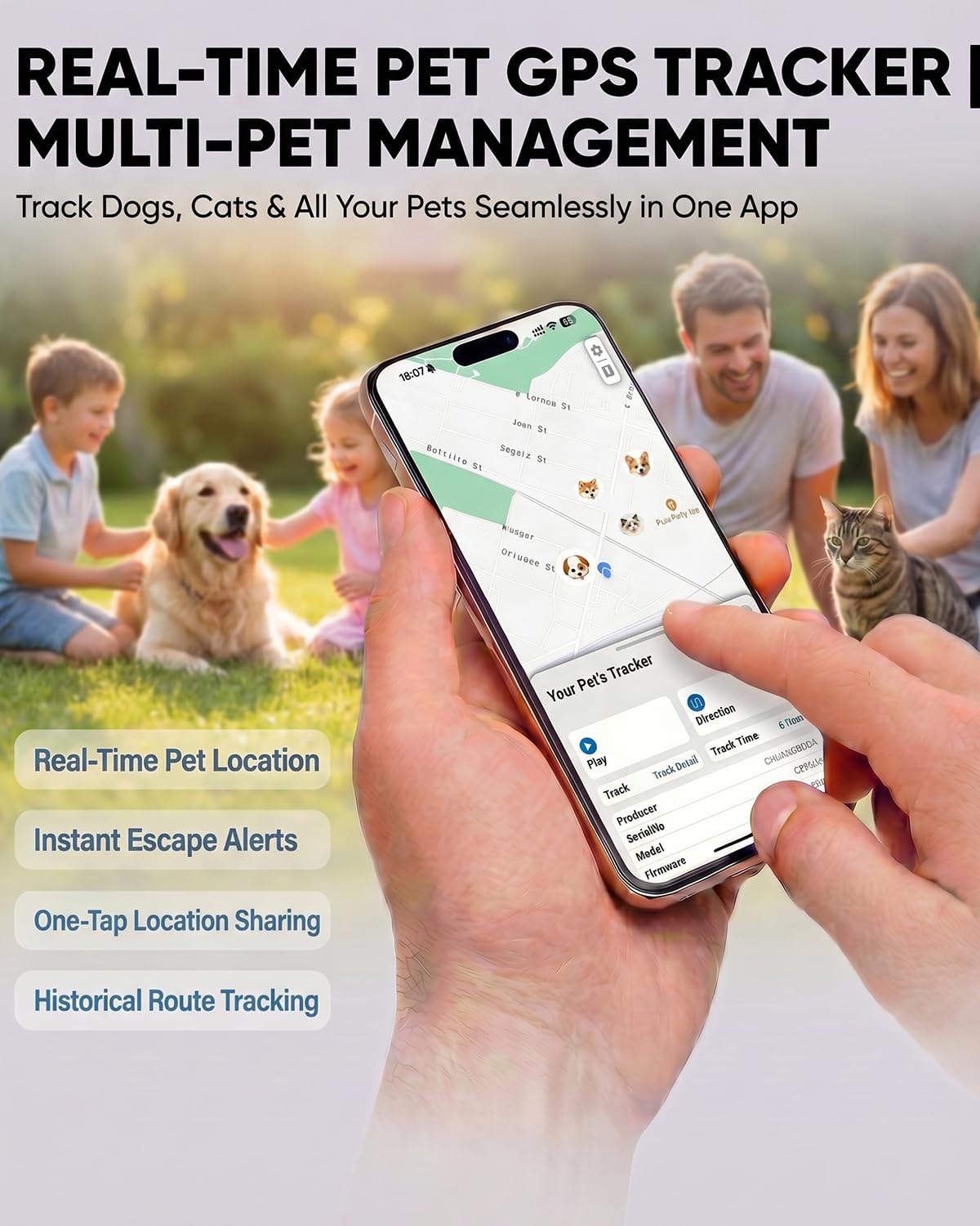 This premium GPS tracker for dogs supports stable real-time location tracking, with remote viewing available anytime through the DEONETAG app, whether you’re at work, running errands, or away from home. It also records and plays back up to 7 days of your pet’s movement history, clearly showing travel routes and activity ranges to help you understand your pet’s daily routines and outdoor habits.
