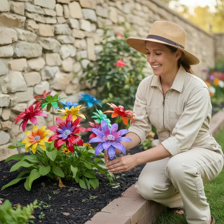 These rustic metal flower stakes bring bright, happy color to your outdoor space all year long—even when real blooms fade. 🌼 Each playful flower looks gorgeous on its own or grouped in clusters; tuck them into pots, flower beds, window boxes, or along pathways for an instant pop of color that never wilts. 🌸