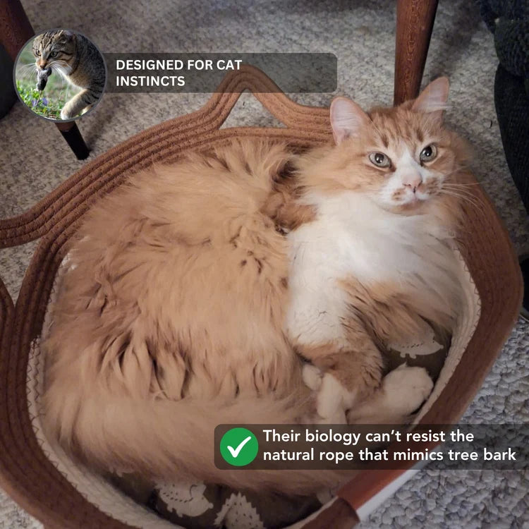 Cat sitting in a woven basket with text about cat instincts and natural rope design.