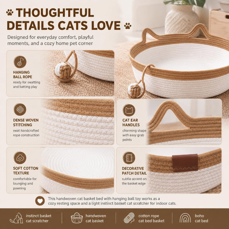 A 6-panel infographic detailing the features of a handwoven cat basket bed. The panels show close-ups of the basket's construction, including a hanging ball rope, dense woven stitching, cat ear handles, and a decorative patch detail, with text labels explaining these features.