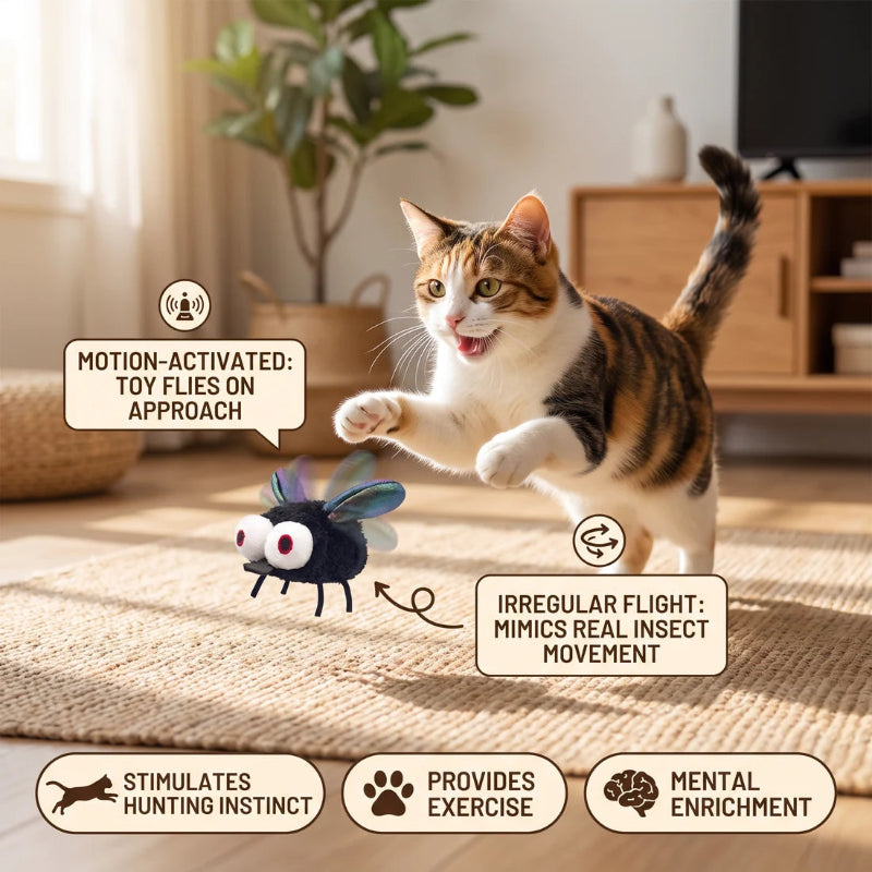 A calico cat jumps at a small black-and-blue toy fly on a woven rug in a bright living room. Speech bubbles describe the toy's motion-activated behavior and insect-like movement, with feature icons and text along the bottom.