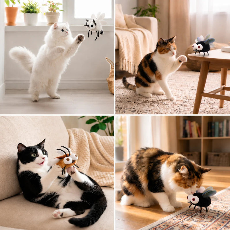 A four-panel collage showing different cats interacting with small black-and-white plush toy bugs in real indoor home environments. The cats include a white long-haired cat standing on its hind legs, a calico cat sitting on a rug, a black-and-white cat lying on a couch, and a calico cat crouching on a floor.