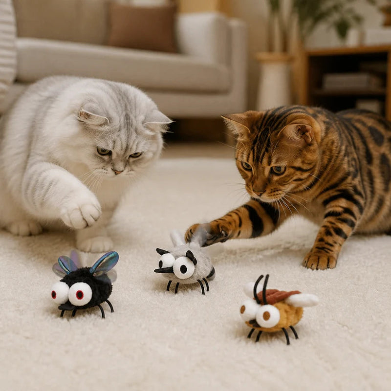 An infographic detailing the size, dimensions, and features of three bee-shaped cat toys. The top half shows the three toy bees with labeled measurements (7cm and 9cm) and feature icons.