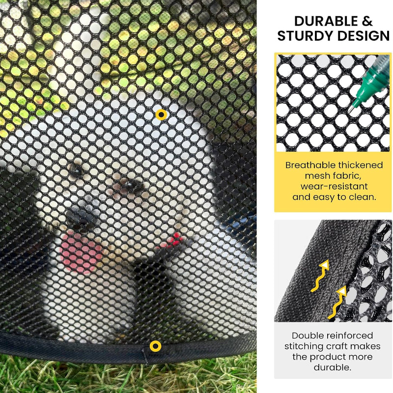A black mesh pet enclosure with a white puppy visible through the mesh, shown outdoors on grass. The right side includes marketing text and close-up inset panels highlighting the durable mesh fabric and reinforced stitching.