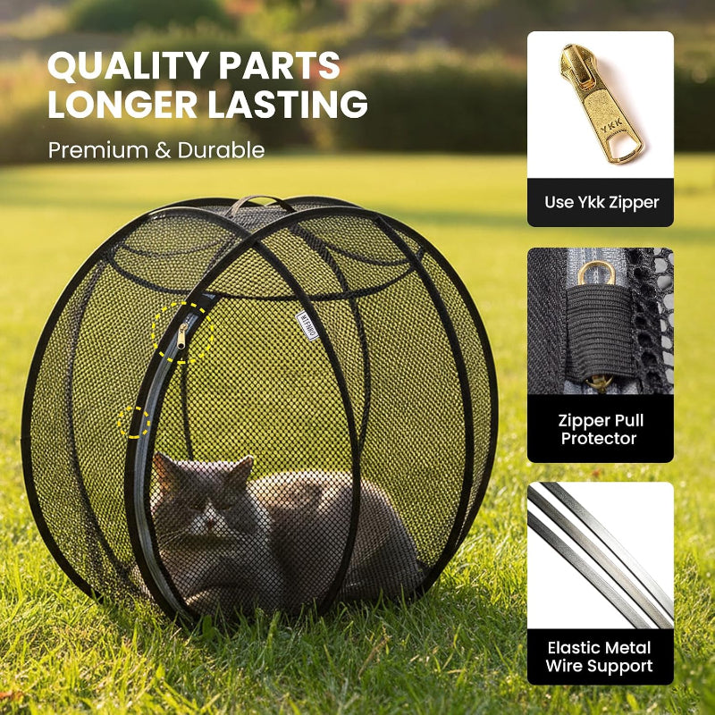 A black mesh round cat enclosure on grass with a cat inside, plus three inset callouts showing a gold Ykk zipper, a zipper pull protector, and elastic metal wire support, with marketing text at the top.