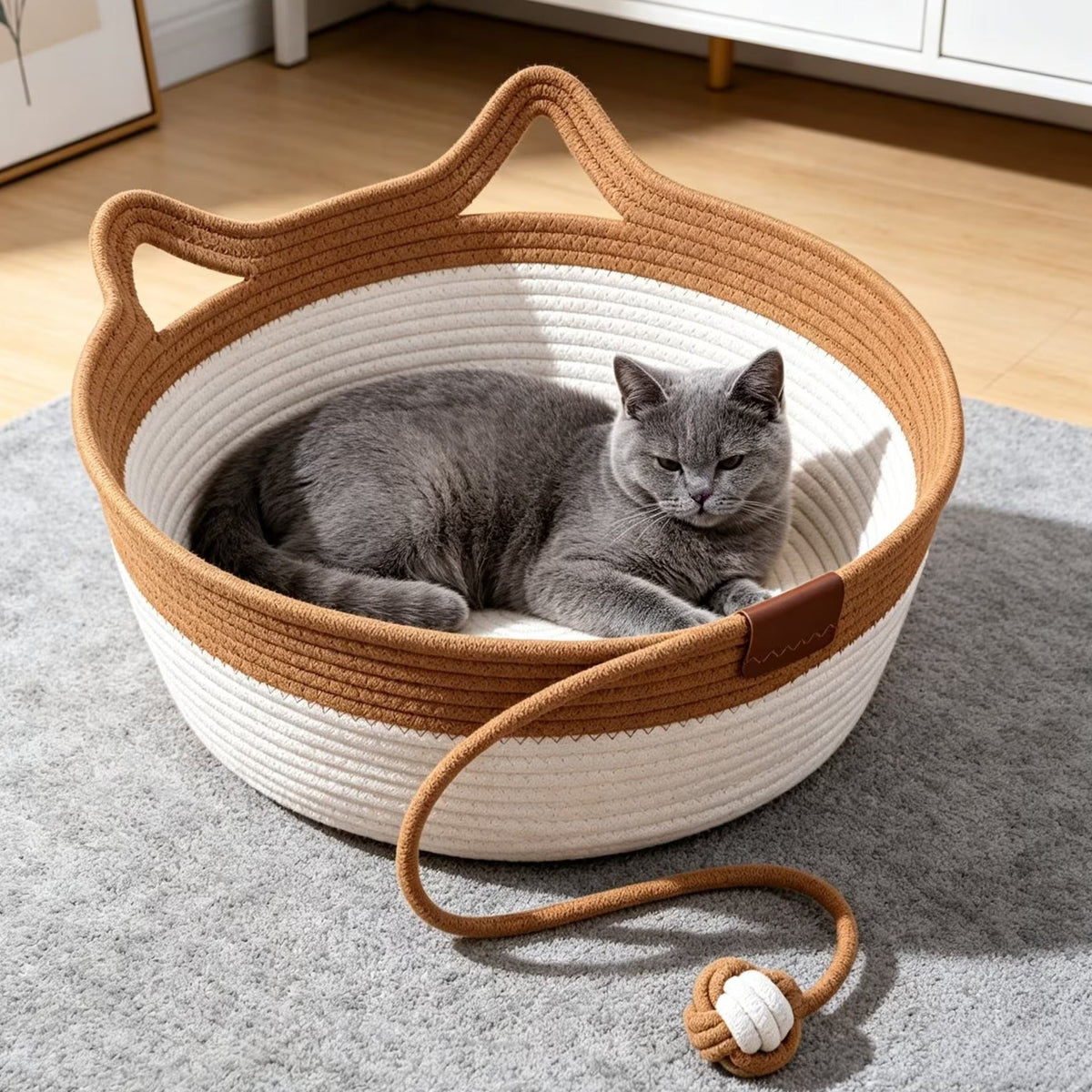Handwoven cotton rope construction offers a soft yet durable resting space for cats.
Round shape with raised edges provides a sense of security and support for your kitty's comfort.
Breathable design ensures year-round comfort, keeping furry friends cool in summer and warm in winter.
This minimalist woven basket blends seamlessly into any home decor.
Lightweight and easy to clean, for your convenience.