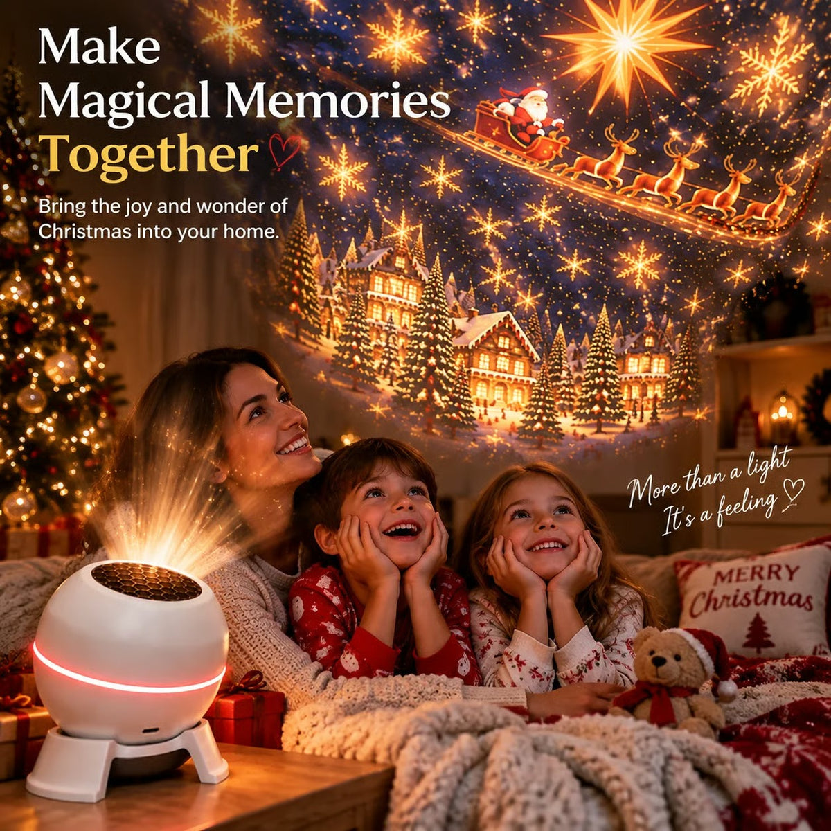 A white spherical Christmas light projector on a table in a cozy living room, casting golden starlight onto a wall where Santa and the reindeer appear above two children lying under a blanket. Text on the image reads 'Make Magical Memories Together' and 'More than a light It's a feeling'.