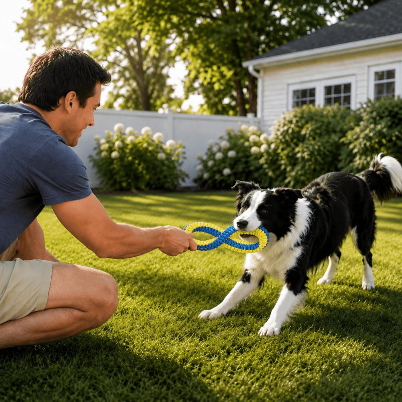 A man crouches on a green lawn to play tug-of-war with a black and white dog holding a blue and yellow rope toy in its mouth. A white house, bushes, and trees are visible in the background.